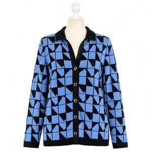 Mita Geometric Knit Cardigan Sweater Blue Black Button Front Womens Medium Top